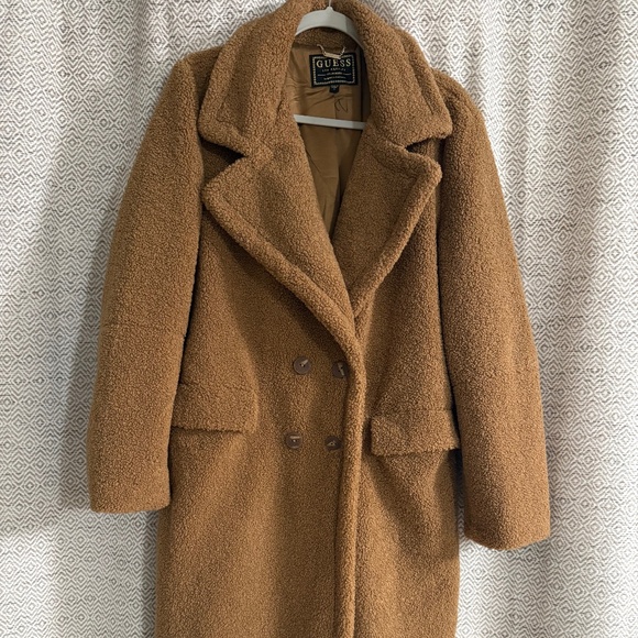 Guess Teddy Coat Brown Long Faux Sherling Double Breasted Size Large - Picture 2 of 8